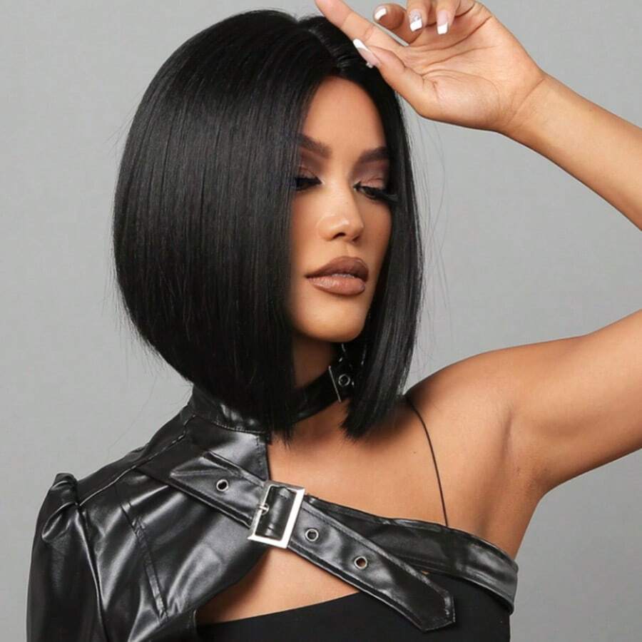 Music Festival 12 Inch Synthetic Straight Wig Short Straight Hair No Bangs Synthetic Wig Extensions Hair Black Color Easy To Wear Suitable For Women Daily Holiday Party Wear - Black - View 1