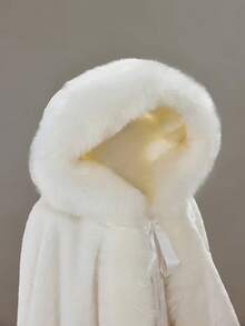 1pc Thickened Faux Fur Hooded Cloak, Warm Bridal Shawl Wrap For Outdoor Wedding, Photography Studio, Plus Size Women, Long Fluffy Fur Poncho - trắng - Xem 4