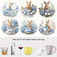 6pcs/Set Easter Blue Hydrangea & Rabbit Pattern Wooden Coasters, Suitable For Home, Restaurant And Various Occasions, Can Be Used As Daily Gifts, Desktop Decorations And Theme Party Decorations, Easter Gifts, Easter Decorations, Available In 1 Set, 2 Sets Or 31 Sets - White - View 6