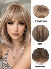 12英寸亚麻棕色短款波浪刘海假发，优雅时尚的女士假发。这款假发采用耐热合成纤维编织而成，非常适合节日、旅行、化装舞会、家庭聚会、演员表演、婚礼和日常佩戴。也是送给女性的绝佳节日礼物。 - 亞麻棕 - 查看 8