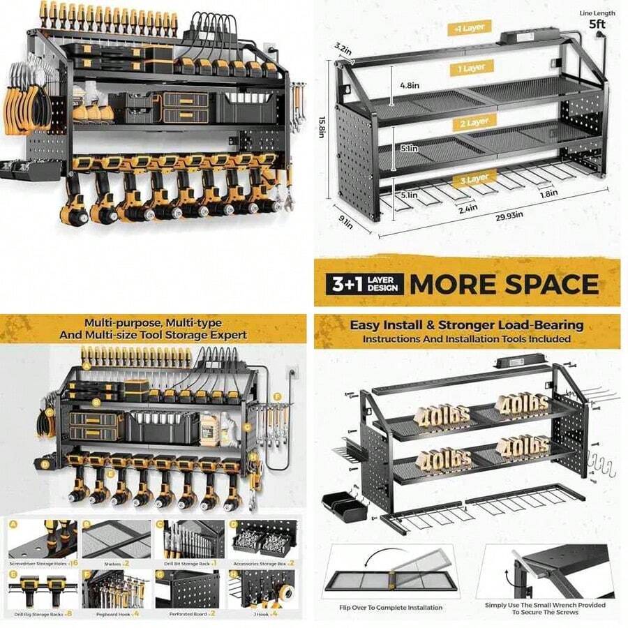 Organizador de Pared para Herramientas Elctricas Grandes con Estacin de Carga,Soporte para 8 Taladros,Estante de Almacenamiento de Metal Pesado,Regleta de 6 Enchufes,8 Ganchos,2 Cajas de Tornillos - 8titular-de-poder - Ver 1