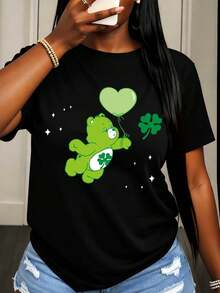 Women St Patrick's Day Green Bear With Shamrock And Heart Balloon Print T Shirt Fashion Casual Round Neck Top Soft Comfortable All Season Suitable For St Patrick's Day Festival Celebration Outfit - màu đen - Xem 6