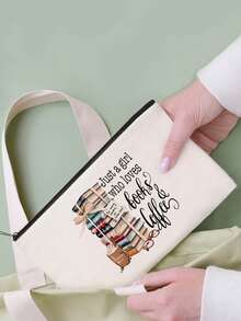 1/2pcs Set Large Capacity Beige Canvas Floral & Book Themed Printed Tote Bag And Zipper Storage Bag Set, Fashionable Floral & Book Themed Shoulder Bag, Shoulder Bag, Multifunctional Portable Travel Storage Makeup Set, Suitable For Back To School, Graduation, Travel, Birthday, Anniversary, Teacher's Day, Thank You Gifts, Essential For Students And Teachers, Great For Travel