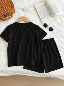 2pcs/Set Cute Graphic T-Shirt + Shorts Set For Teen Girls, Heart Slogan Tee, Casual Daily/School Wear - Black - View 5
