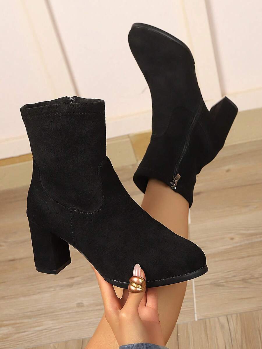 女士时尚绒面革踝靴，法式尖头舒适粗跟高跟鞋，新款秋冬女鞋 - 黑色 - 查看 1