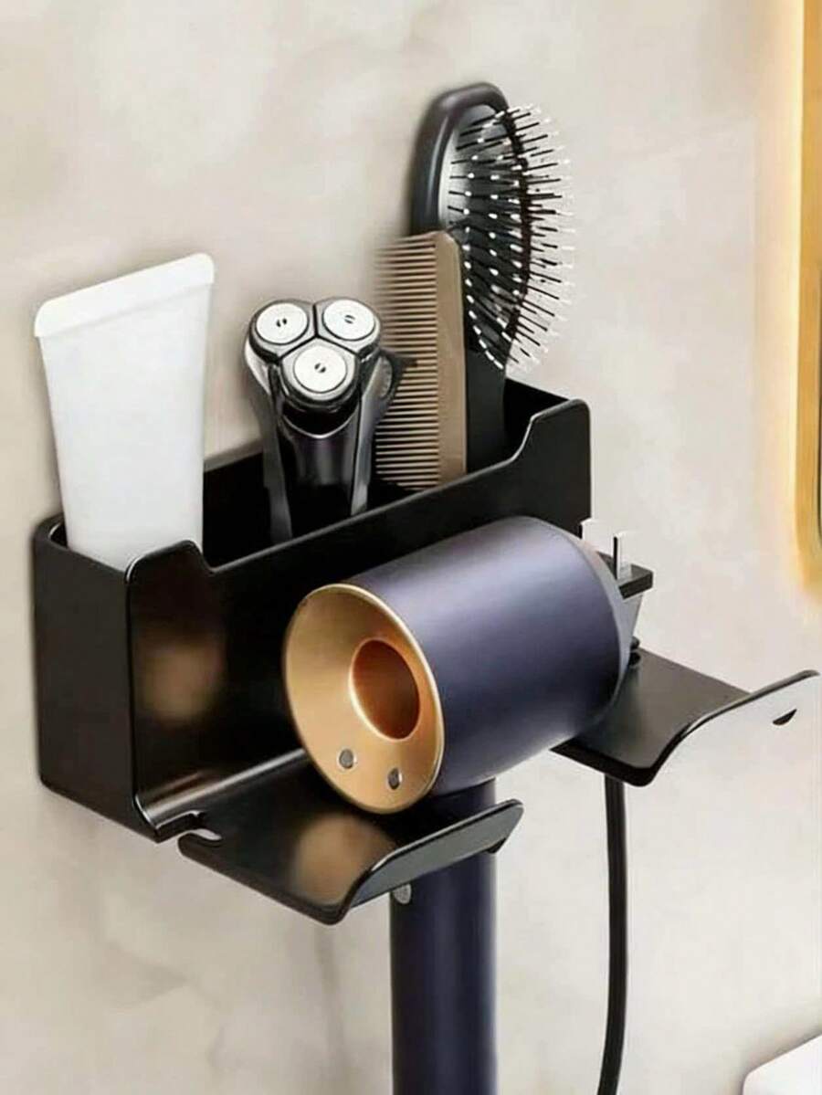 1个无孔吹风机支架，通用吹风机架，塑料浴室壁挂式，吹风机收纳架，多功能置物架，家用浴室配件，学校宿舍浴室，可安装在洗手池旁 - 耐用塑料储物架，时尚设计，适合打造整洁时尚的浴室收纳空间。 - 彩色 - 查看 1