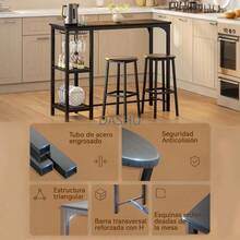 Mesa de Bar, Barra de Cocina,Comedor Viene con Dos Sillas para Barras y 3 Niveles de Estantes, Adecuado para Cocina y Bar Comedor (Negro) - por defecto - Ver 4