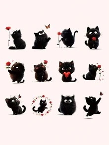 STARTTOOS 12张3D可爱黑猫临时纹身贴纸，玫瑰花和猫咪图案，适合生日派对、生日礼物、角色扮演，防水持久3-5天 - 黑色 - 查看 2