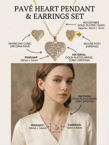 3pcs Set Glamorous Rhinestone Paved Heart Pendant Necklace & Stud Earrings, Gold Tone Fashion Jewelry Set For Women Party Gift - Gold - View 6