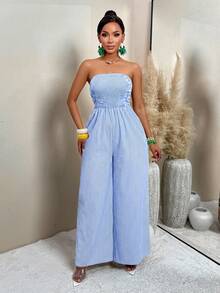 AIJ Bộ áo liền quần ống rộng xếp ly in họa tiết hoa cổ điển dành cho nữ (họa tiết ngẫu nhiên), thích hợp cho mùa hè. - Sọc xanh và trắng - Xem 6