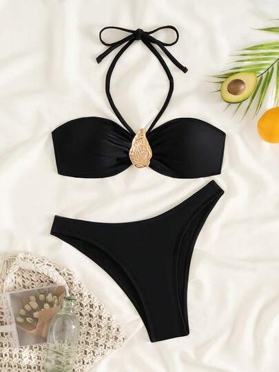 2 Stücke/Set Elegantes rückenloses Damen Bikini-Oberteil mit Metalldekor und Bindedetail, für Urlaub und Strand