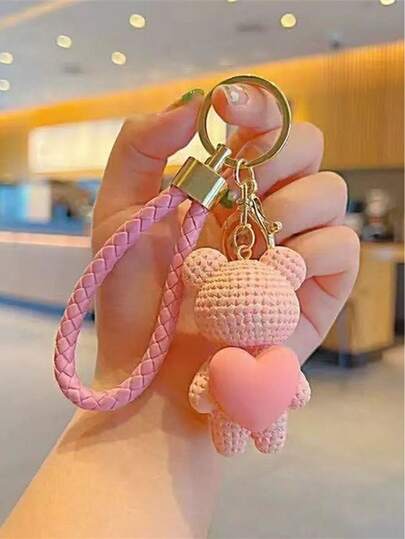 1pc Ladies' Creative Pink Heart Shaped Teddy Bear Keychain, Delicate Cute Cartoon Car Keyring Handbag Pendant For Daily Use Or Couple's Gift Valentine's Day Valentines Car Accessories Bag Charm School Goth Y2k