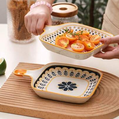 1 Set Keramik-Backform im Boho-Stil - 8 Inch quadratisches Backblech mit Blumen- und geometrischen Mustern, mikrowellengeeignet, ideal zum Servieren von Grillgerichten, Kuchen, Steaks und Tartes, tolles Geschenk oder für den Eigengebrauch, moderne Tischkultur