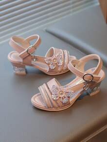 1 Pair Fashion Summer New Girls' Rhinestone Butterfly Princess High Heel Sandals, Suitable For 3-15 Years Old Girls To Wear Casually, To Parties, On Vacation, And To Formal Events - Pink - View 3