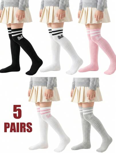5双婴儿幼儿袜，儿童过膝袜，条纹款式，适合女孩和学生日常穿着