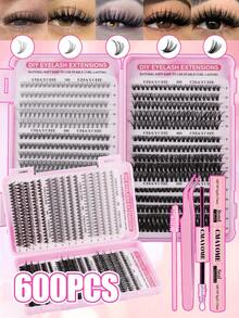 570/600pcs Cluster False Eyelashes, Single Strand Grafting, D-Curl, 8-16mm DIY Eyelash Extension Kit, 10D+20D+30D+40D+50D/30D+40D+50D+60D+80D+100D Waterproof False Eyelashes, Create Natural Makeup Effect, Thick & Fluttery, Soft & Lightweight, Reusable Segmented False Eyelashes - Multicolor - View 4