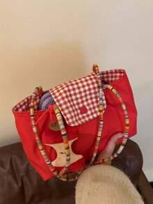 Customizable Large-Capacity Red Plaid Shoulderhandbag; Customizable Tote Bag For Students, Customizable Shoulder Satchel Daypack,Bag For Women, Commuting, And Casual Use. - Multicolor - View 3