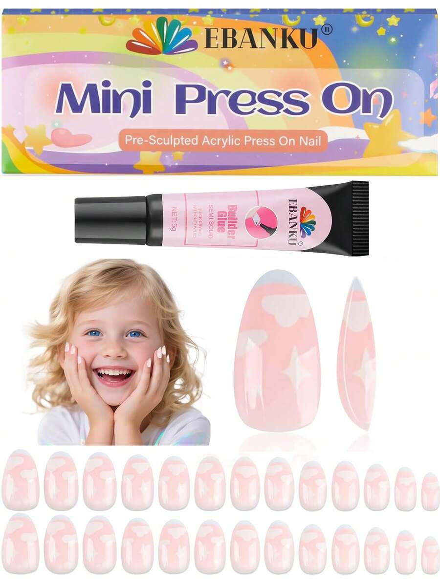 EBANKU 26片装儿童假指甲,粉色杏仁形全套亚克力指甲贴片,儿童短款人造指甲套装,适合女孩 - 彩色 - 查看 1