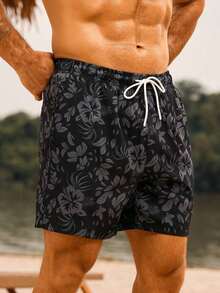 Manfinity Swimmode Floral Print Casual Beach Shorts Men, Black Swim Trunks, Black Hawaiian Floral Print Swim Shorts Men - Gris - 查看 8
