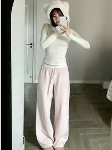 新款女士休闲抽绳弹力腰运动裤，宽松直筒裤型，春秋季 - 粉色 - 查看 1