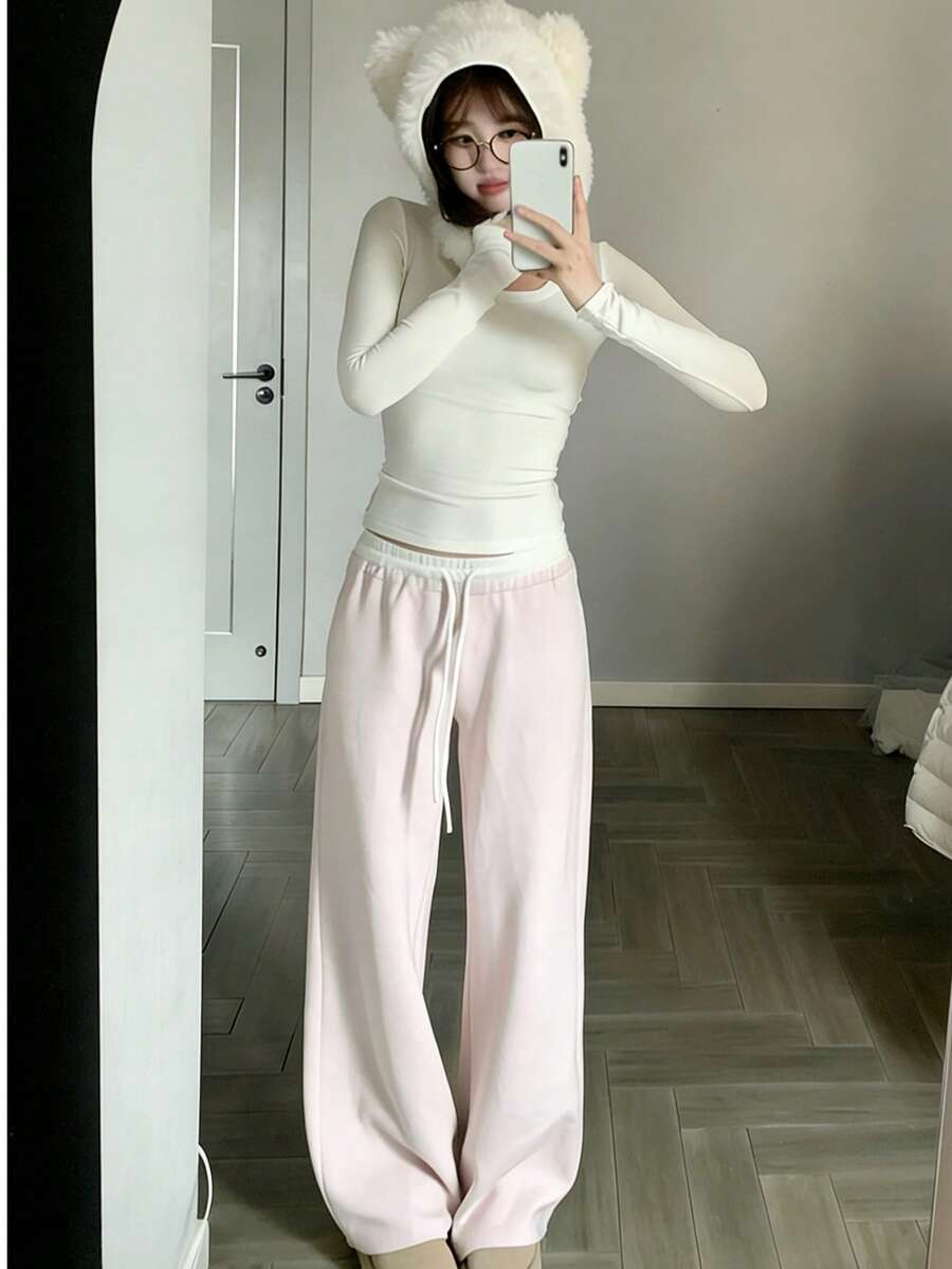 新款女士休闲抽绳弹力腰运动裤，宽松直筒裤型，春秋季 - 粉色 - 查看 1