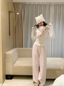 新款女士休闲抽绳弹力腰运动裤，宽松直筒裤型，春秋季 - 粉色 - 查看 7