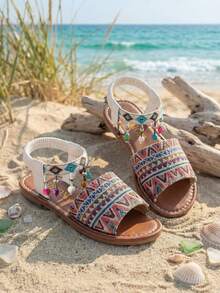 1 đôi dép xăng đan đế bằng nhiều màu sắc cho bé gái, mũi tròn, hở ngón, kiểu dáng boho, đính charm, dép xỏ ngón tiện dụng đi biển. - Nhiều màu - Xem 5