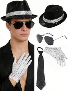 3pcs Music King Costume Set, Includes Hat, Sequin Gloves, Sunglasses, Adult Costume For Party, Halloween, Skeleton Dance King Outfit