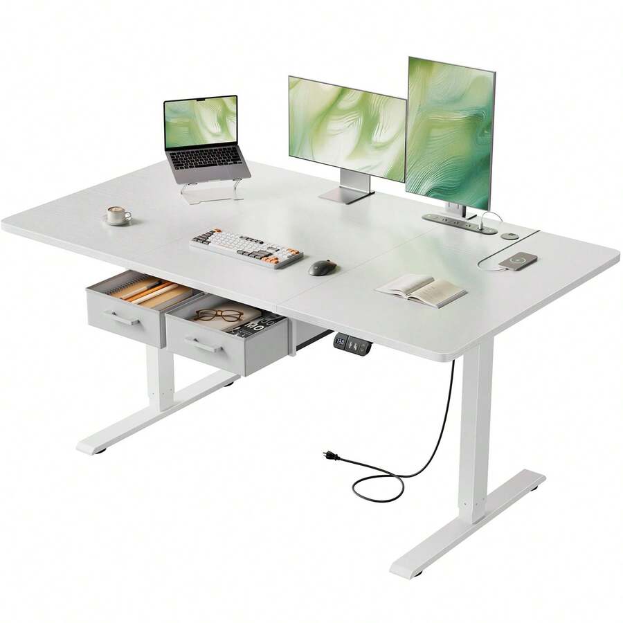 Electric Standing Desk With Built-In Outlet & Storage Drawer, Adjustable Height Computer Desk With 2 Memory Modes, Stable Sit-Stand Desk With Charging Station, 2 USB Ports, 3 Power Outlets, Spacious Workstation For Home Office - Xem 1