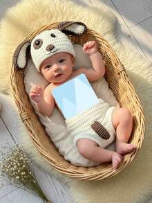 2pcs Baby Cartoon Puppy Dog Design Sets Newborn Photography Props Hand-Knitted Hat & Shorts Set With Tail For Studio Photos Accessories - Multicolor - View 5