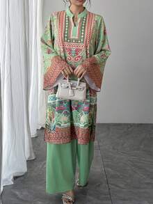 Bộ đồ nữ 2 món, áo dài tay loe cổ chữ V in hoa màu xanh lá cây + quần ống rộng cạp chun màu xanh lá cây trơn, bộ trang phục trang trọng kiểu Ả Rập sang trọng phối màu tương phản, thích hợp cho tiệc tùng, kỳ nghỉ hoặc mặc hàng ngày vào mùa xuân. - Màu xanh Cadet - Xem 4