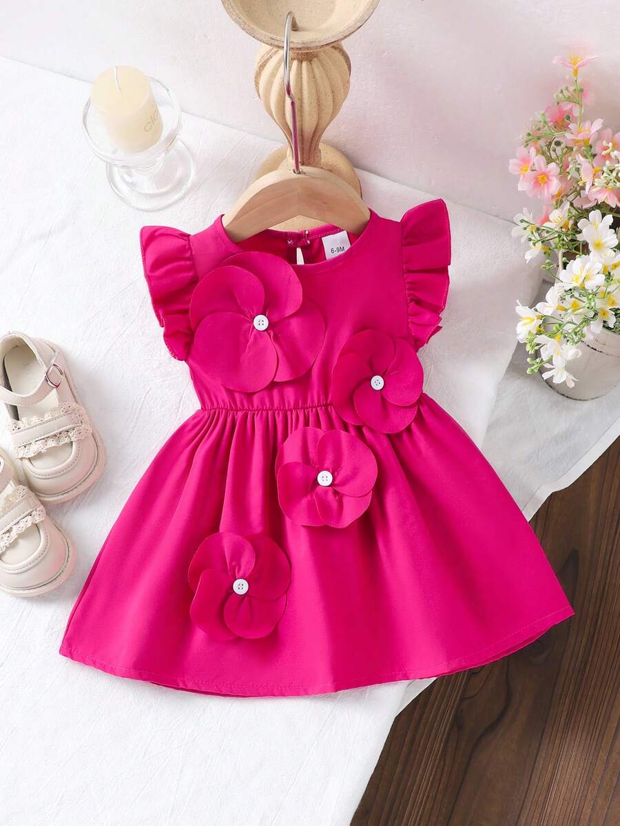 1pc Toddler Girls' Cute Flutter Sleeve Lightweight Summer Dress - Hot Pink - View 1