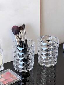 1pc/2pcs Transparent Makeup Brush Holder, Elegant Diamond Pattern Bathroom Cup For Toothbrush, Toothpaste Storage
