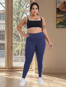 大码女式高腰显瘦瑜伽裤，白色侧条纹装饰，带口袋，休闲运动跑步紧身裤，春季款 - 藏蓝色 - 查看 7