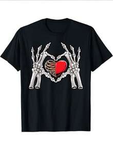 Men'S Gothic Romantic Skeleton Hand Heart Graphic T-Shirt - 180gsm Heavyweight 100, White With Black & Red Bone & Heart Print, Casual Round Neck Short Sleeve Tee For - 風格 - 查看 2