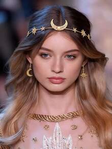 3PCS Creative Star & Moon Rhinestone Elastic Geometric Headband With Asymmetric Star & Moon Earrings Set - Perfect For Holiday Gifts, Celebrations, And Daily Wear