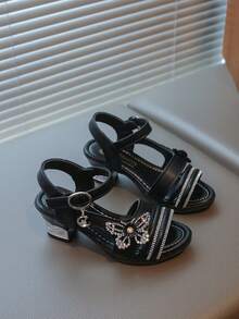 1 paire de sandales à talons hauts de princesse avec papillon strass, été pour filles. Convient pour les filles de 3 à 15 ans, à porter de manière décontractée, en soirée, en vacances et à des événements formels - Noir - Voir 2