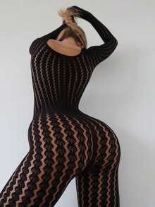 Jumpsuits For Woman Winter Clothes For Women One Piece Jumpsuit  Sexy Perspective  Fashion Seamless Striped Jacquard One-Piece Long-Sleeved One-Piece Trousers - 黑色 - 查看 3