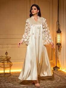 Elegant V-Neck Long Arabic Dress With 3D Rose Applique, Long Sleeve, Woven Fabric, Non-Stretch, Formal Gown - Beige - View 4