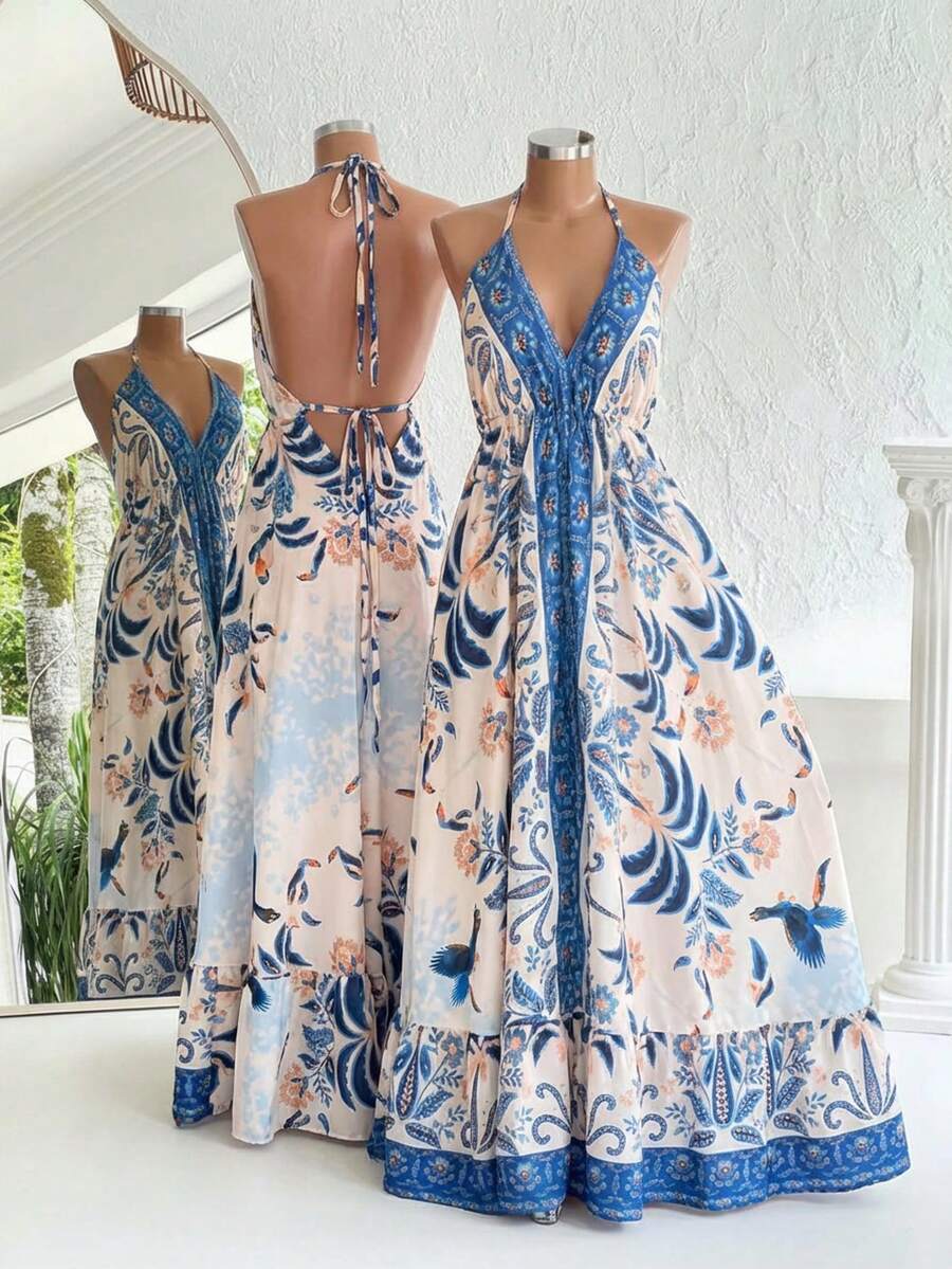 Boho Blue Floral Print Halter Maxi Dress Women - Deep V Neck Casual Summer Vacation Long Dress For Beach Vacation - Nhiều màu - Xem 1