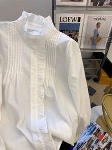 Áo sơ mi dài tay cài cúc phía trước, phối bèo nhún, màu trơn, kiểu dáng thời trang thường ngày, đa năng, dành cho nữ, màu trắng, cổ áo xếp ly, thích hợp mặc hàng ngày vào mùa xuân. - trắng - Xem 3