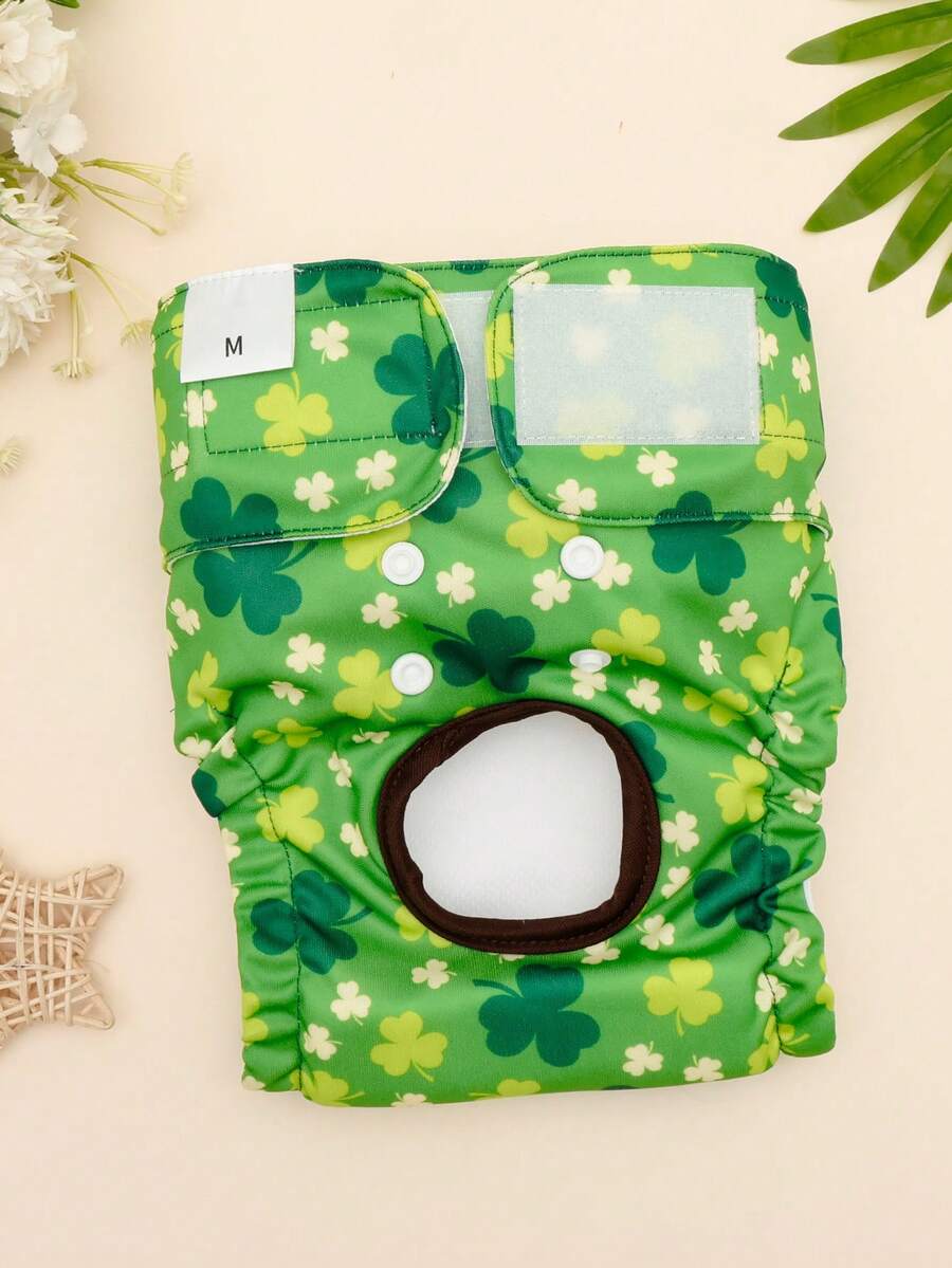 1 chiếc tã cho chó in hình cỏ ba lá, có thể giặt được, có các kích cỡ nhỏ, trung bình và lớn, có thể tái sử dụng cho chó cái đang trong thời kỳ động dục hoặc chó con.