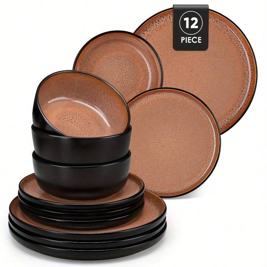 Service de Vaisselle 12 pièces en Céramique pour 4 Personnes, Assiettes Durables au Quotidien avec Finition Émaillée Active, Inclut Assiette Plate, Assiette à Dessert, Bol à Céréales, Idéal pour Cadeaux de Thanksgiving et Noël - Rouge - Übersicht 1