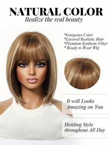 12-Inch Khaki Short Bob Wig With Bangs Is An Elegant And Fashionable Women's Wig. It Is A Heat-Resistant Synthetic Woven Wig Suitable For Festivals, Travels, Costume Parties, Family Gatherings, Role-Playing Actors, Weddings, And Daily Wear. It Is A Festival Gift For Women - 卡其色 - 查看 3