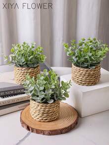 3pcs/Set Artificial Grass Hill Vine Small Potted Plants, Identical Items, Sea Grass Rope, Gift, Artificial Plant, Green, PE & Polyester Fiber Material, Handmade, Wedding Decor - Green-f - View 5