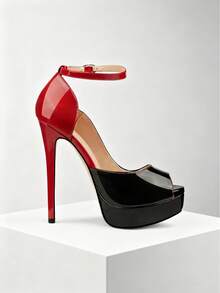 MERUMOTE New Women's Platform Stiletto Pumps Peep Toe 6"/15CM High Heels Ankle Strap Heeled Sandals Shoes For Party Wedding Prom - Red Black - 查看 5