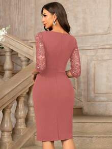 MIUSOL Classic V-Neck Sequin Floral Lace Contrast Ruffle Hem 3/4 Sleeve Bodycon Cocktail Dress - Dusty Pink - View 3