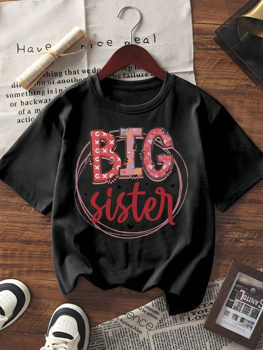 Damen Big Sister Grafik Kurzarm T-Shirt Rundhals Lässig Süß Lose Passform Sommer Top als Schwester Geschenk, Baumwollmischung, bequem für den täglichen Gebrauch - Schwarz - Übersicht 1