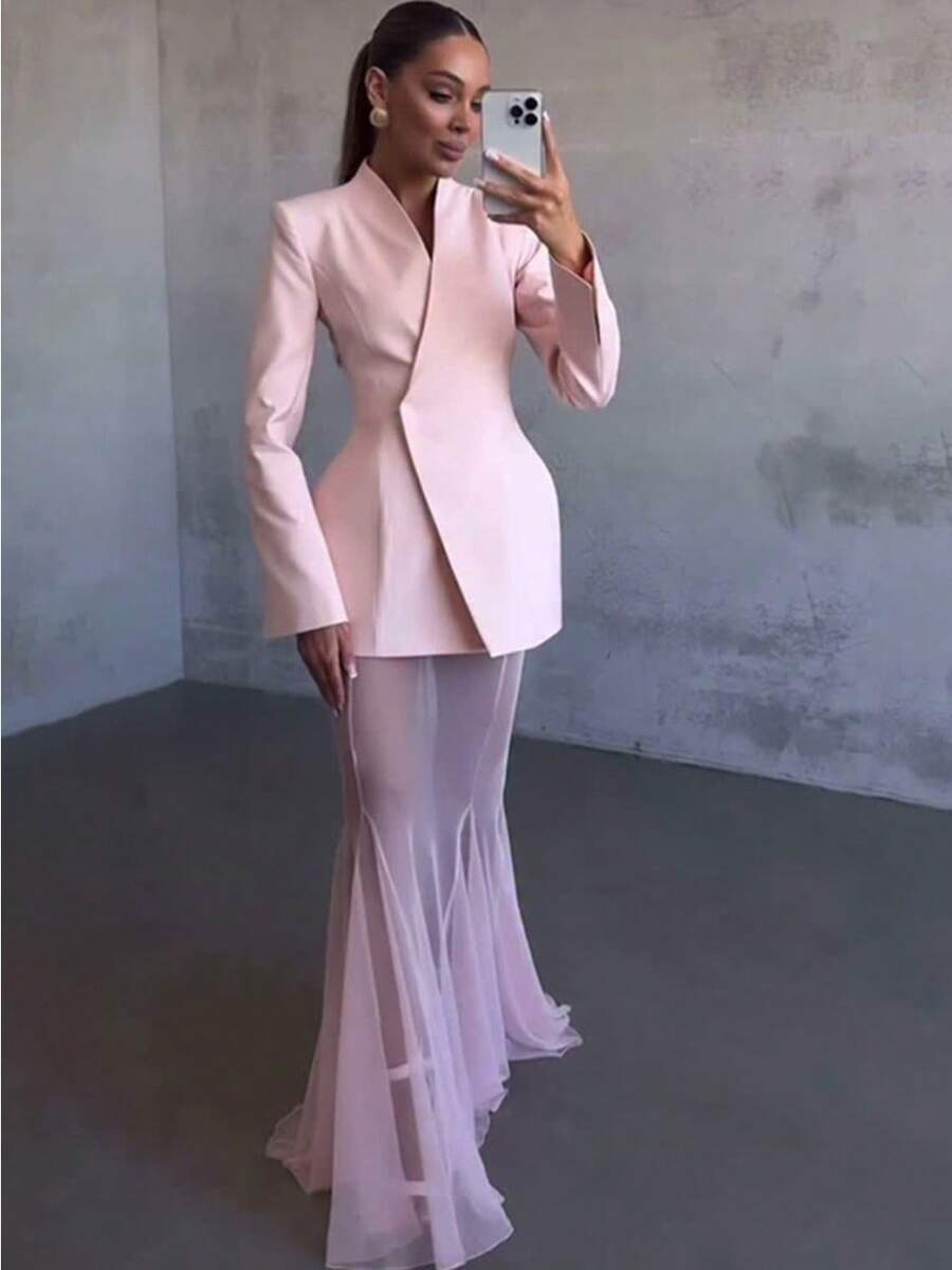 French Celebrity Style Solid Color Long-Sleeved Suit Micro-Transparent Mesh Skirt Suit - 粉色 - 查看 1