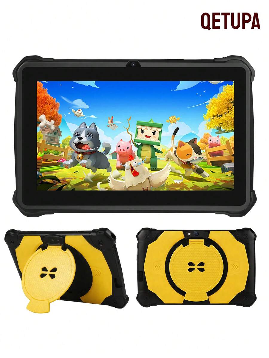 Qetupa 儿童平板电脑，7英寸儿童平板电脑，64GB ROM 4GB RAM，Android 13.0，支持2.4G WiFi、GMS、护眼屏幕、家长控制、教育应用、双摄像头、防震外壳和游戏。 - 黃色 - 查看 1
